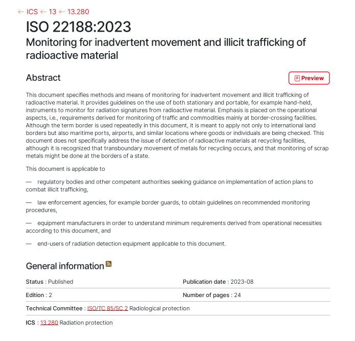 ISO 22188:2023《放射性物质非故意转移和非法运输的监测》正式发布